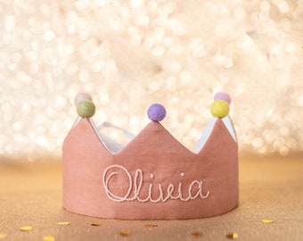 Custom Linen Birthday Crown for First Birthday, Personalized Gifts with Hand Embroidered Name for Kids and Toddler Birthday