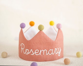 Custom Linen Birthday Crown for First Birthday, Personalized Gifts with Hand Embroidered Name for Kids and Toddler Birthday