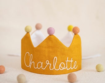 Custom Linen Birthday Crown for First Birthday, Personalized Gifts with Hand Embroidered Name for Kids and Toddler Birthday