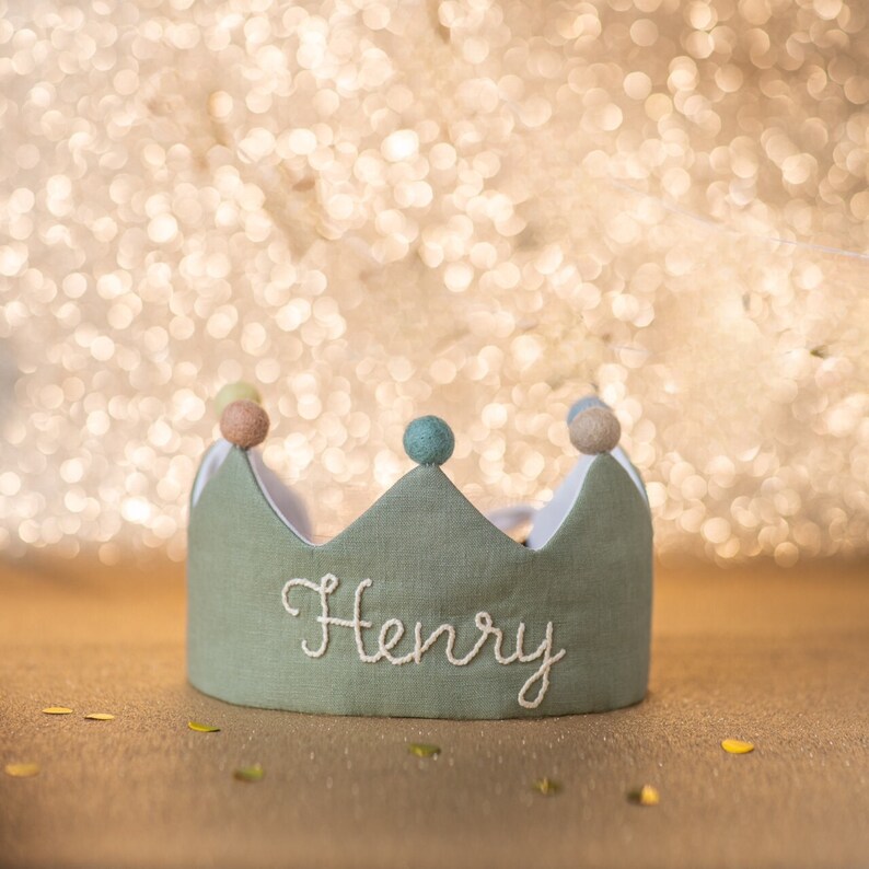 Custom Linen Birthday Crown for First Birthday, Personalized Gifts with Hand Embroidered Name for Kids and Toddler Birthday image 9