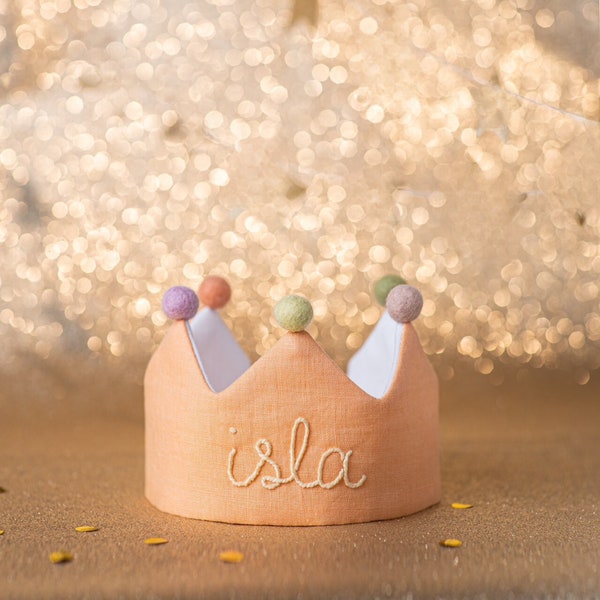 Custom Linen Birthday Crown for First Birthday, Personalized Gifts with Hand Embroidered Name for Kids and Toddler Birthday