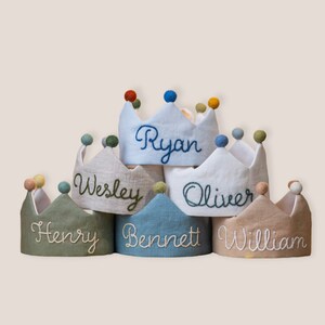 Custom Linen Birthday Crown for First Birthday, Personalized Gifts with Hand Embroidered Name for Kids and Toddler Birthday image 8