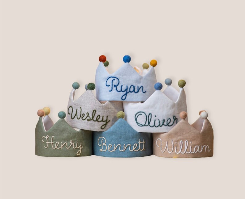 Custom Linen Birthday Crown for First Birthday, Personalized Gifts with Hand Embroidered Name for Kids and Toddler Birthday image 8