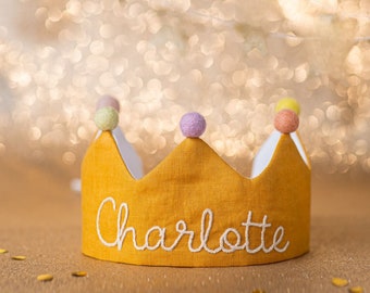 Custom Linen Birthday Crown for First Birthday, Personalized Gifts with Hand Embroidered Name for Kids and Toddler Birthday