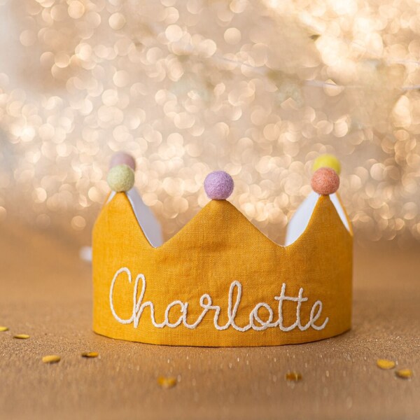 Custom Linen Birthday Crown for First Birthday, Personalized Gifts with Hand Embroidered Name for Kids and Toddler Birthday