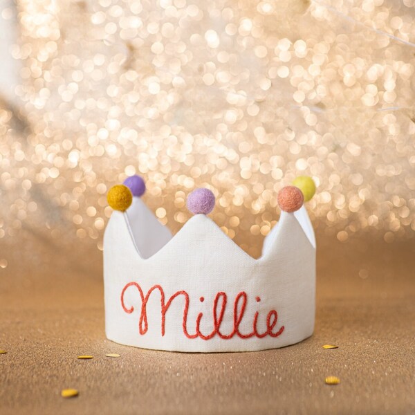 Hand Embroidered Crown for Baby and Children's Birthdays | Personalized Gift for First Birthday Party| Custom Linen Crown