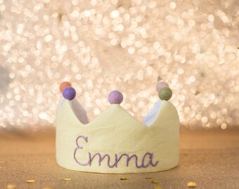 Custom Linen Birthday Crown for First Birthday, Personalized Gifts with Hand Embroidered Name for Kids and Toddler Birthday