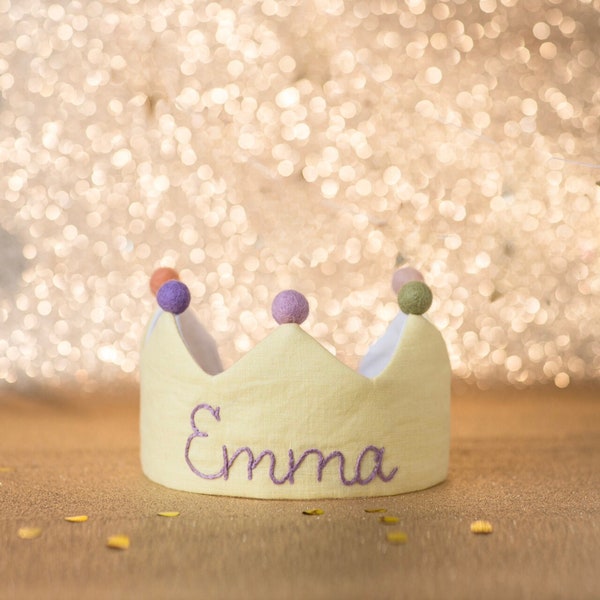 Custom Linen Birthday Crown for First Birthday, Personalized Gifts with Hand Embroidered Name for Kids and Toddler Birthday