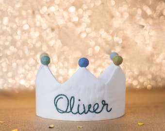 Custom Linen Birthday Crown for First Birthday, Personalized Gifts with Hand Embroidered Name for Kids and Toddler Birthday