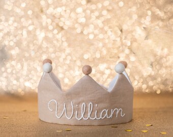 Custom Linen Birthday Crown for First Birthday, Personalized Gifts with Hand Embroidered Name for Kids and Toddler Birthday