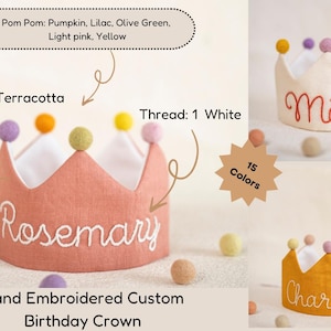 Corona ricamata a mano per compleanni di neonati e bambini / Regalo personalizzato per la prima festa di compleanno / Corona di lino personalizzata / Ricordo dei bambini