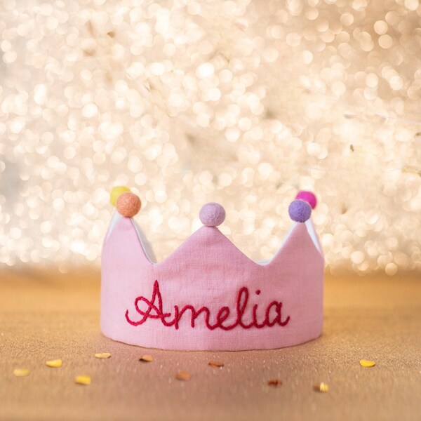 Hand Embroidered Crown for Baby and Children's Birthdays | Personalized Gift for First Birthday Party| Custom Linen Crown