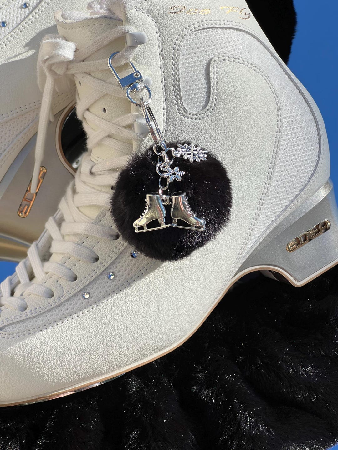 Ice Rink Keys Ice Skating Pom Pom Keychain | Silver Snowflakes & Ice Skates Bag Charm ...