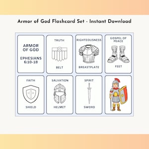 Tarjetas didácticas de la Armadura de Dios / Efesios 6:10-18 / Niños cristianos, Escuela Dominical, Actividad para la educación en casa / Imprimibles