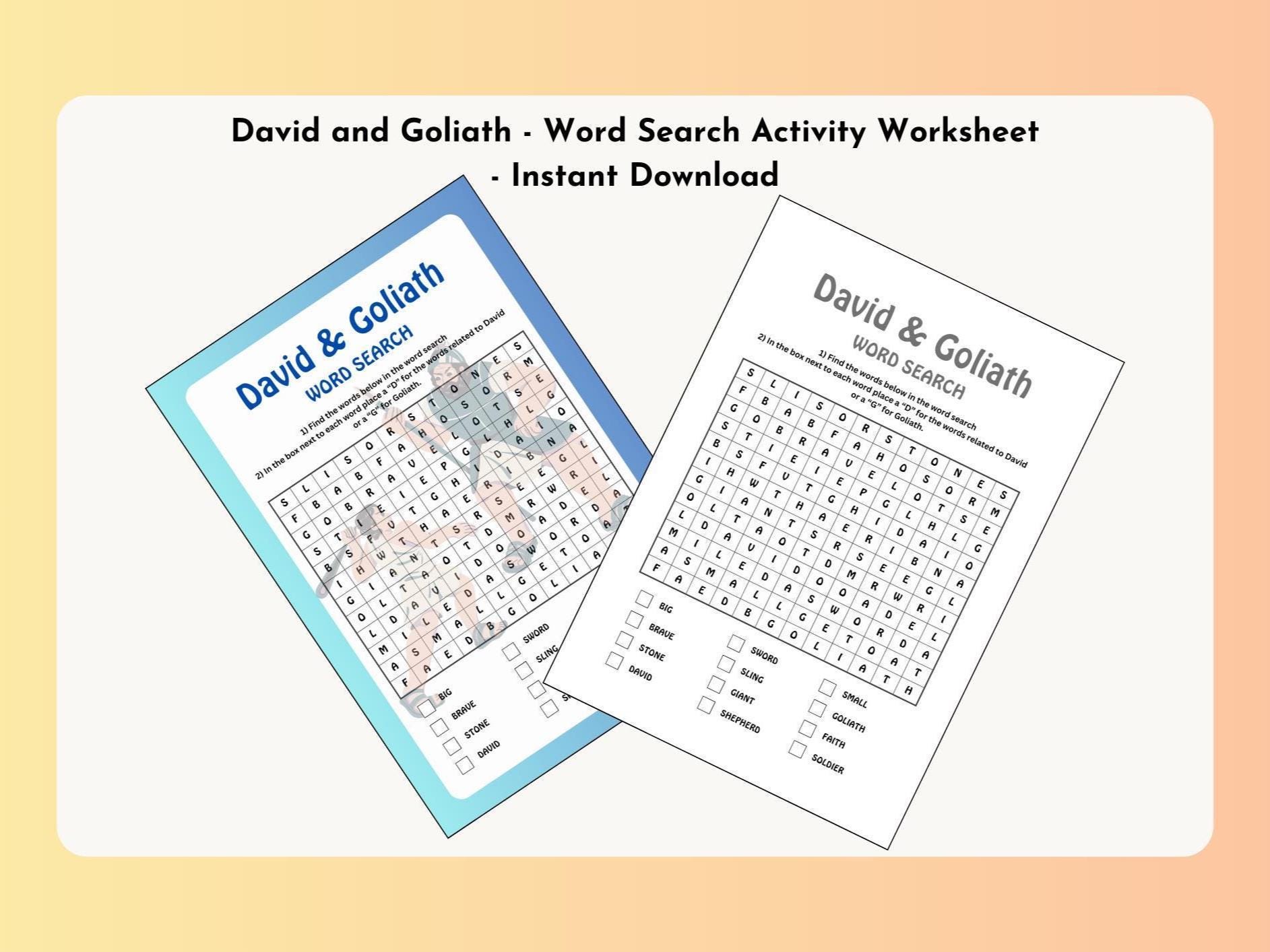 David and Goliath Word Search & Matching Activity Worksheet | 1 Samuel ...
