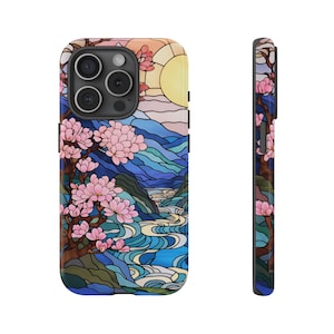Gebrandschilderd glas Sakura Tree telefoonhoesje, gebrandschilderd glas stijl stoere case, Japanse kunst, voor iPhone 15 14 13 Pro Max 12 Mini XR, Samsung, Pixel