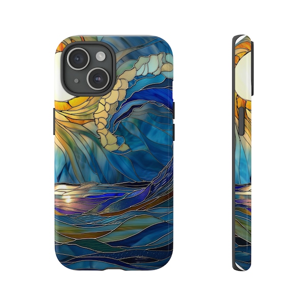 Stained Glass Ocean Waves with Sun Phone Case  | For iPhone 15 14 13 Pro Max 12 Mini XR 7 8 SE 2022 | Samsung | Google Pixel 7 | Tough Case