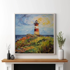 May include: Oil painting of a lighthouse on a rocky cliff, framed in white. The lighthouse has red and white stripes, with a black top. The sky is blue with swirling yellow and white clouds. Green and brown grass covers the cliff.
