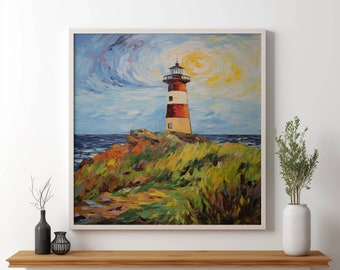 Door Van Gogh geïnspireerde vuurtorenschildering, vuurtoren in sterrennachtstijl, vuurtoren landschapskunst, afdrukbare muurkunst, originele kunstwerken 10