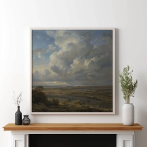 Vintage River Landscape Oil Painting, Home Decor, Farmhouse, Scenic River View, Cloudy Blue Skies, Printable Wall Art, Original Artwork 27