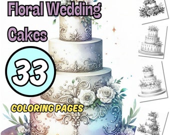 33 Floral Wedding Cakes coloring Pages, Printable Coloring Pages for adults and kids, digital download, instant download total 99 images,