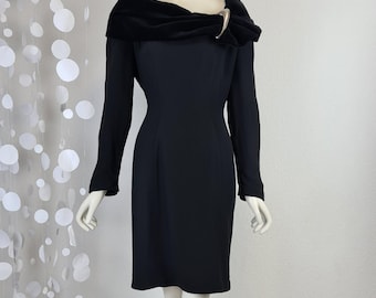 Vintage Thierry Mugler Black Midi Dress, Velvet Collar, 80s French Design