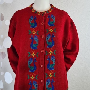 Vintage Red Tulchan knitted Cardigan,  Red Pure Wool  with Peacock Folk Art, 80s 90s Grandmacore Knit British vintage