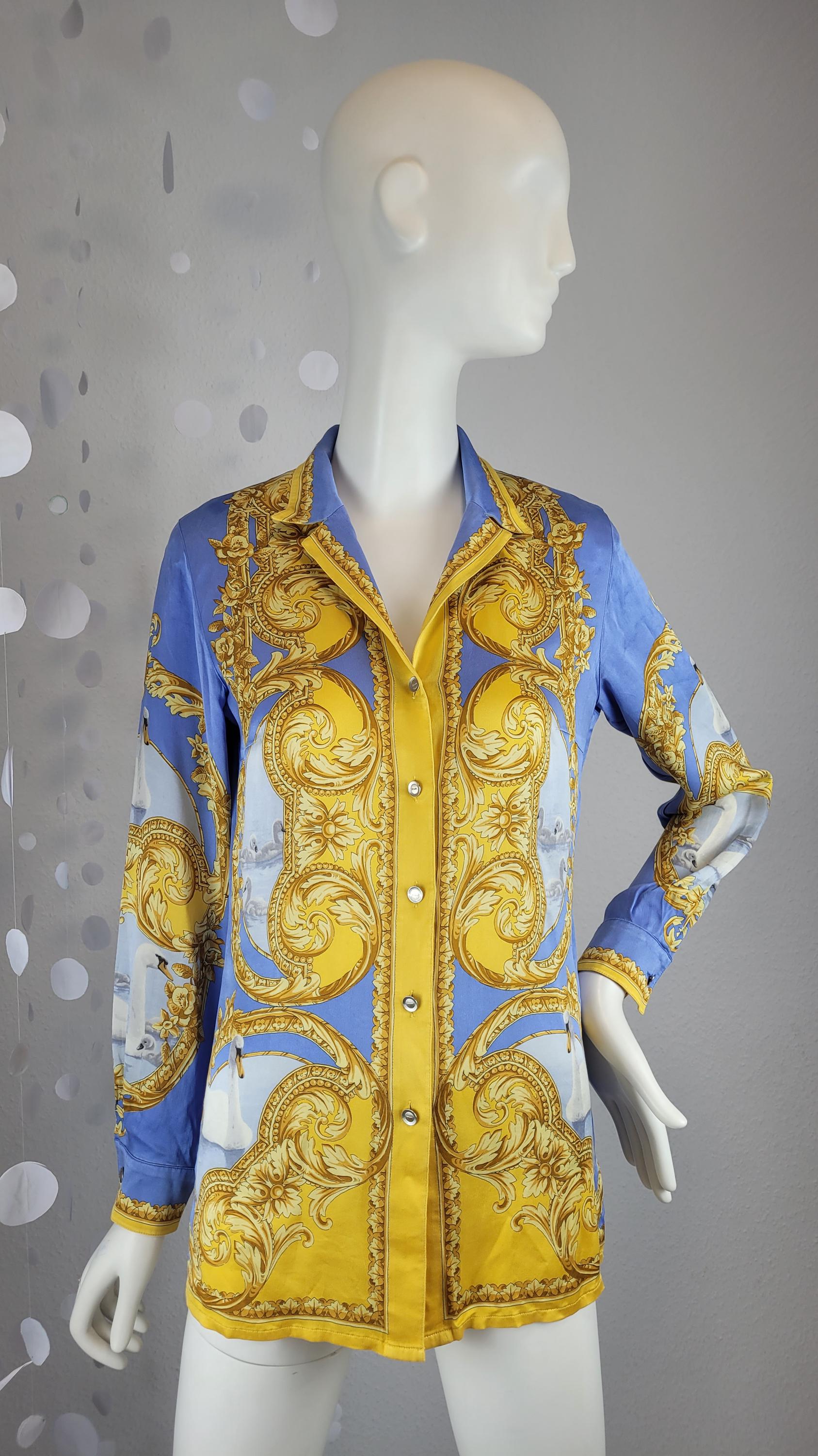 Vintage Escada Silk Blouse: 90s Baroque Swan Print Designer Shirt