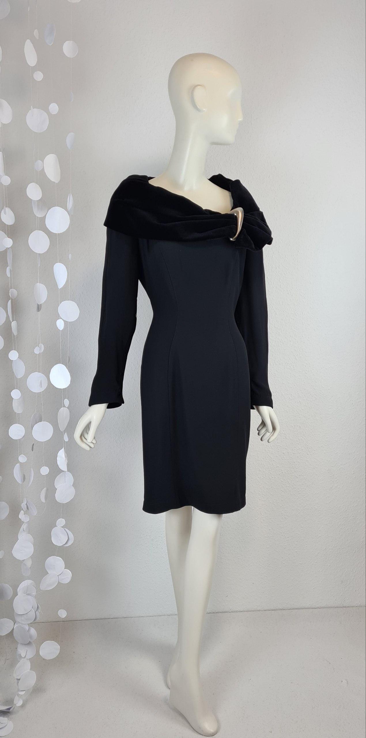 Thierry mugler ワンピース Vintage Thierry Mugler Black Midi Dress, Velvet Collar, 80s French
