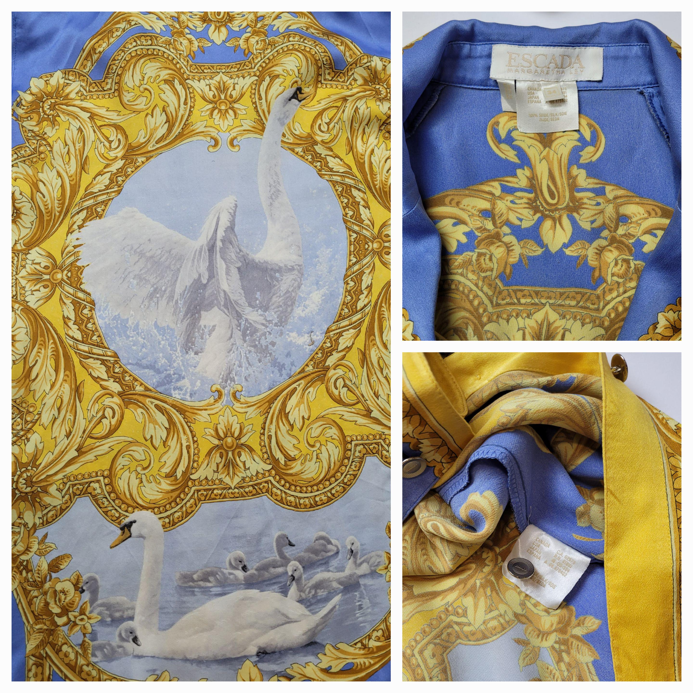 Vintage Escada Silk Blouse: 90s Baroque Swan Print Designer Shirt