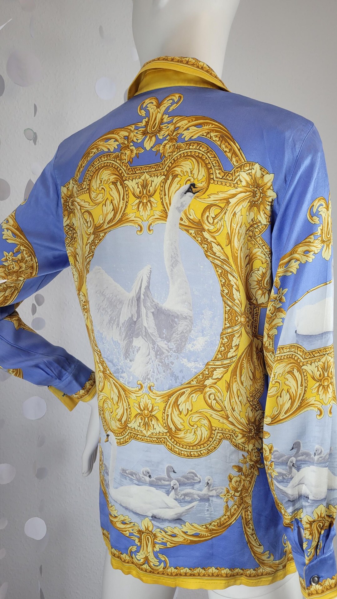 Vintage Escada Silk Blouse: 90s Baroque Swan Print Designer Shirt