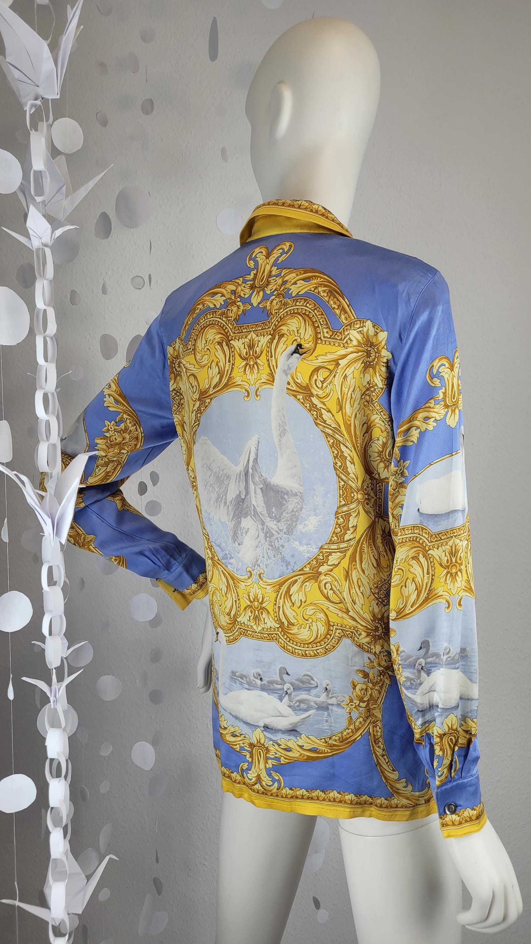 Vintage Escada Silk Blouse: 90s Baroque Swan Print Designer Shirt