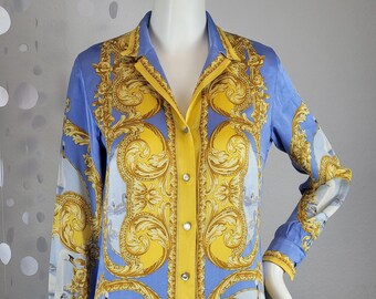 Vintage Escada Silk Blouse: 90s Baroque Swan Print Designer Shirt