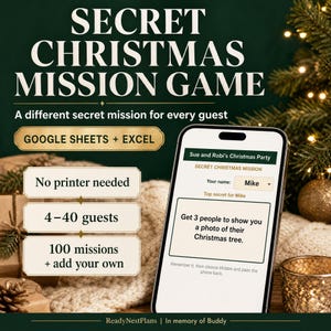 Może przedstawiać: Cyfrowa gra Secret Christmas Mission na Google Sheets i Excel. Ekran pokazuje misję dla Mike'a: zdobądź 3 zdjęcia choinek od innych osób. Tekst zawiera: No printer needed, 4-40 guests oraz 100 missions + add your own.
