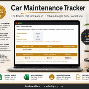 Car Maintenance Tracker | Vehicle Service Log | Google Sheets | Oil Change Reminder | Mileage Log | Excel Template | Auto Repair Record