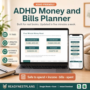 ADHD Budget Planner Spreadsheet, Google Sheets and Excel Bill Tracker with Safe to Spend Dashboard