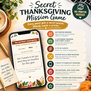 May include: A digital Secret Thanksgiving Mission Game displayed on a smartphone screen. The interface shows a mission for a guest named Mike, surrounded by text detailing game features like no printer needed, 4 to 40 guests, and 100 missions.