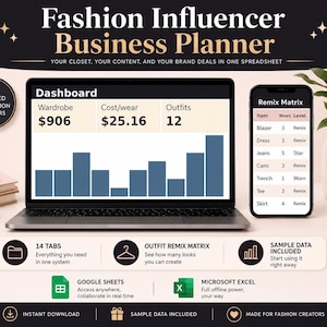 Fashion Influencer Planner Google Sheets Excel | Outfit Content Calendar Brand Deal Tracker Cost Per Wear | Creator Business Spreadsheet