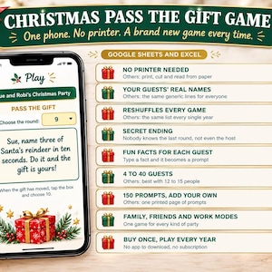 Może przedstawiać: Cyfrowa gra świąteczna Pass the Gift wyświetlona na ekranie smartfona, zawierająca listę funkcji, takich jak brak konieczności drukowania, imiona gości, tasowanie, sekretne zakończenia, ciekawostki, 4 do 40 gości oraz różne tryby.