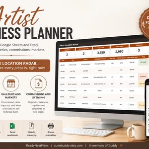 Artist Business Planner, Art Inventory and Gallery Consignment Tracker, Commission Log, Google Sheets Excel