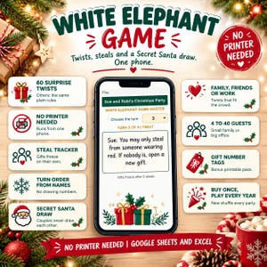 ホワイトエレファントゲーム、ひねりの効いたギフト交換ゲーム、スティールトラッカー、シークレットサンタジェネレーター、GoogleスプレッドシートとExcel
