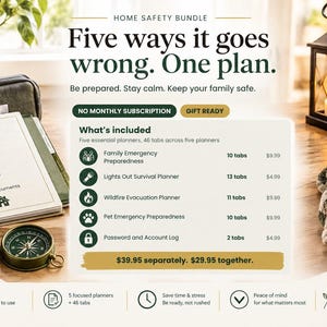 May include: A home safety bundle featuring five emergency preparedness planners with 46 total tabs. The graphic displays the text Five ways it goes wrong. One plan. and lists planners for family, lights out, wildfire, pets, and passwords on a wooden surface.