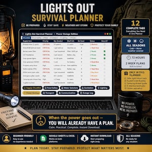 May include: A laptop displays a "Lights Out Survival Planner" with checklists and information for power outages. The image includes a flashlight, a notebook with "Prepare Plan Survive," and a mug that says "No Power. No Problem. We're Prepared."