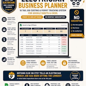 May include: A digital business planner for electricians displayed on a laptop screen, featuring a Google Sheets job costing and permit tracking system. The interface includes columns for job ID, customer, current stage, days waiting, and re-inspection costs.