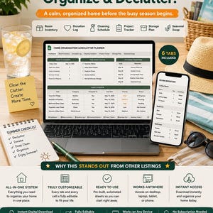 Planificateur d'organisation pour la maison | Désencombrement, programme de nettoyage, inventaire des pièces (Google Sheets)