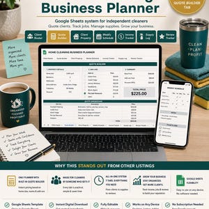 Cleaning Business Planner | Google Sheets | Quote Builder | Client Tracker | Supply Log | Cleaning Invoice