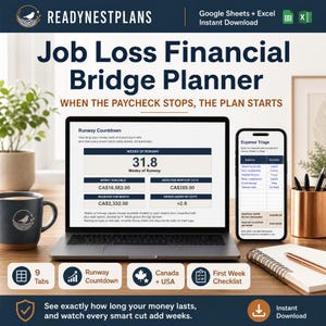 May include: A digital Job Loss Financial Bridge Planner displayed on a laptop and smartphone screen. The interface shows a Runway Countdown with 31.8 weeks, financial data in CA$, and an Expense Triage list. Includes 9 tabs and a checklist.