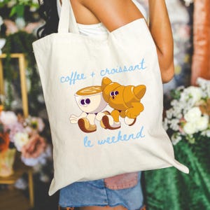 Retro Croissant Tote, French Tote Bag, Retro Graphic Tote, Le Weekend, Women, Retro Earth Tote, Coffee Tote Bag, Coffee Lover