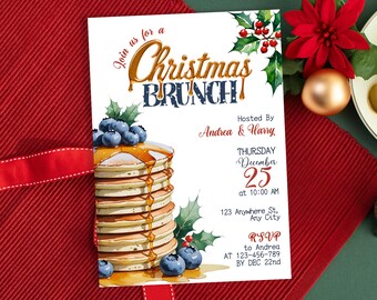 May include: A Christmas Brunch invitation with a stack of pancakes topped with blueberries and syrup. The invitation includes the text "Join us for a Christmas Brunch" and event details, all set against a festive background.
