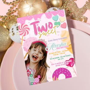 Two Sweet Birthday Invitation Template Two Sweet Invitation, 2nd Birthday Invitation Two Years Old Dessert Invite Candy Sweets Donut Invite